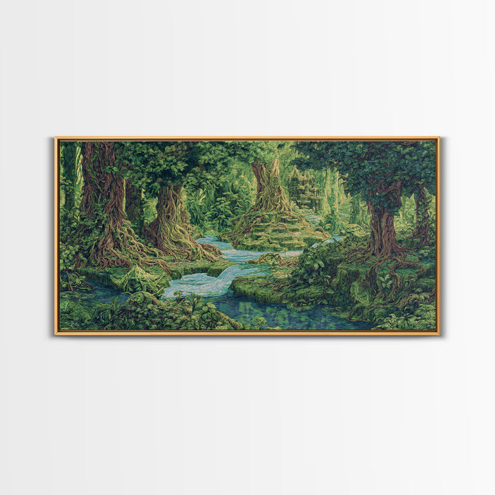 Ancient Jungle Stream Canvas Print, Fantasy Forest Ruins, Green Nature Wall Art, Tropical Landscape Decor For Living Room