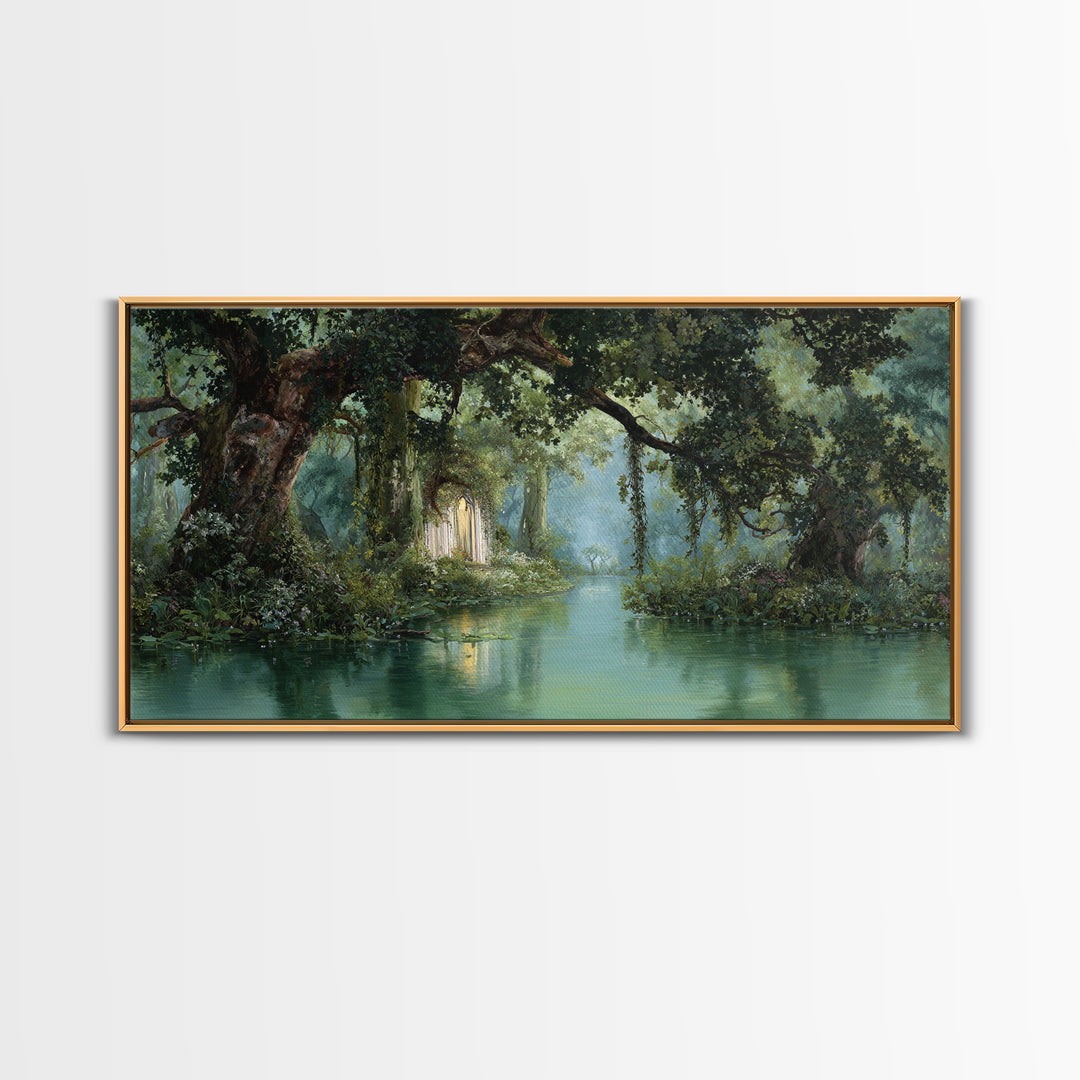 Misty Bayou Forest Wall Art, Dreamy River Landscape, Ancient Trees Canvas Print, Elegant Green Nature Decor For Home Gift
