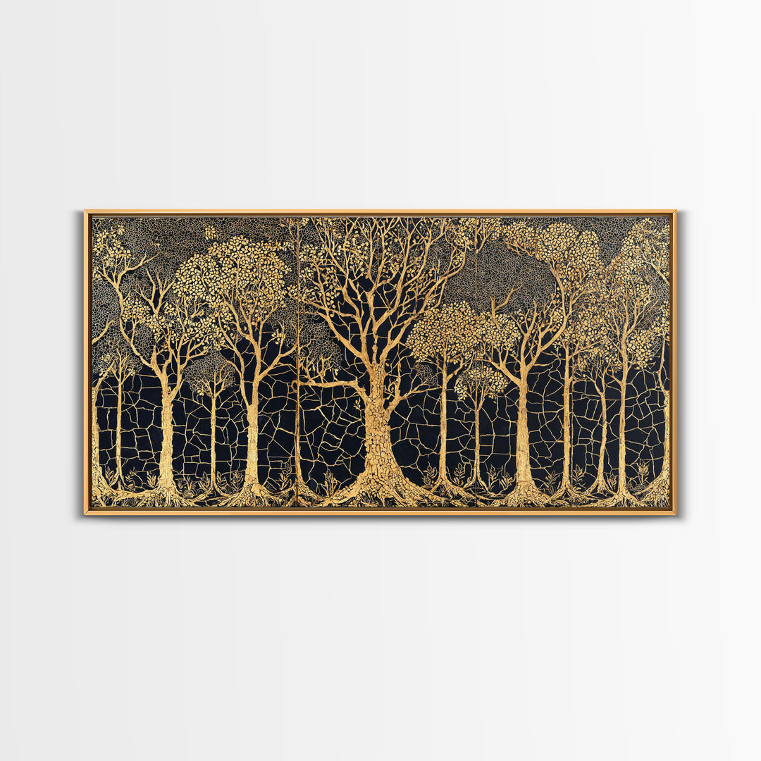 Golden Forest Of Bare Trees Wall Art, Black And Gold African Inspired Nature Print, Elegant Boho Home Decor, Statement Gift