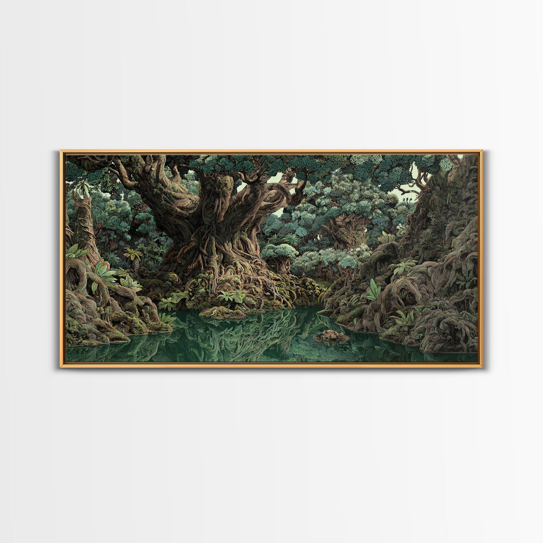 Ancient Banyan Tree Lagoon Canvas Print, Mystical Jungle African Landscape Wall Art, Boho Nature Decor, Statement Home Gift