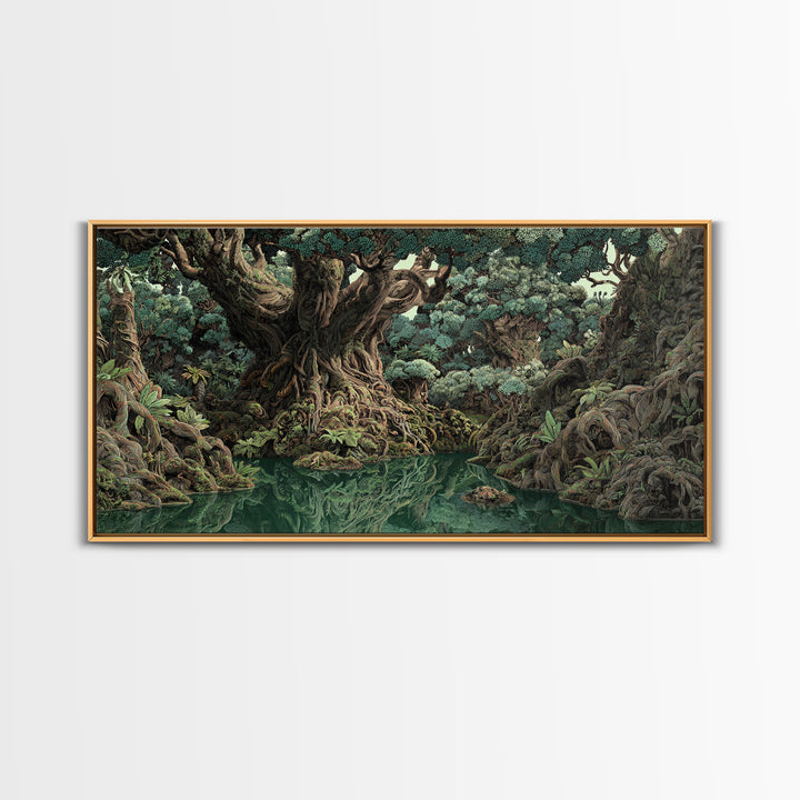 Ancient Banyan Tree Lagoon Canvas Print, Mystical Jungle African Landscape Wall Art, Boho Nature Decor, Statement Home Gift