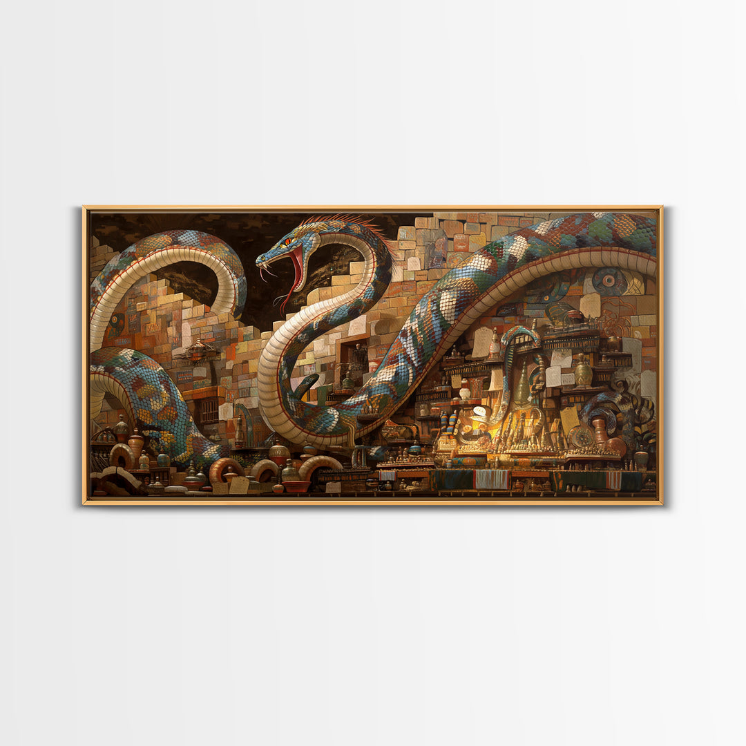 Jeweled Giant Serpents In Antique Market Canvas Print, Mystical African Inspired Wall Art, Exotic Boho Decor, Unique Gift