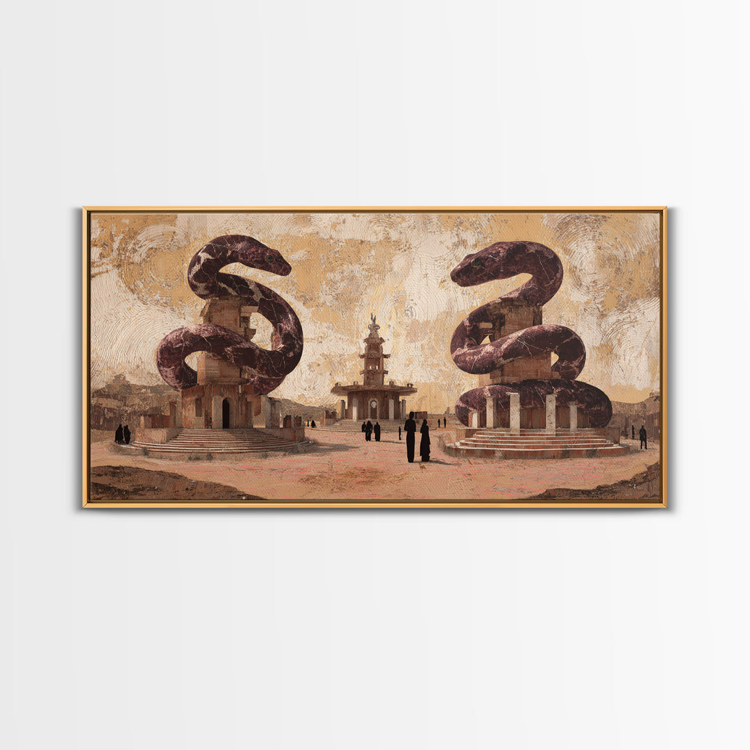 Twin Serpent Desert Plaza Framed Canvas Print, African Inspired Wall Art, Warm Terracotta Cultural Decor, Unique Home Gift