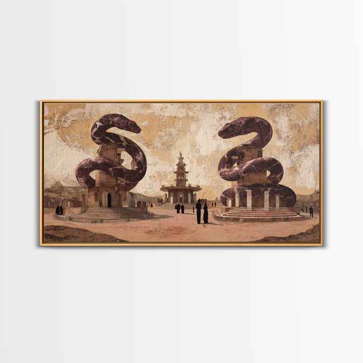 Twin Serpent Desert Plaza Framed Canvas Print, African Inspired Wall Art, Warm Terracotta Cultural Decor, Unique Home Gift