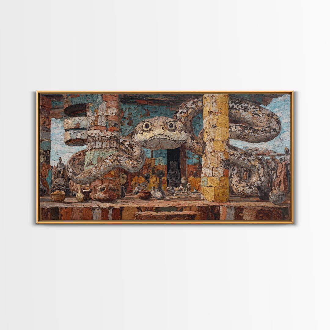 Giant Serpent Market Scene Canvas Print, African Tribal Art, Snake Sculpture Decor, Rustic Bazaar Wall Decor Gift For Living Room