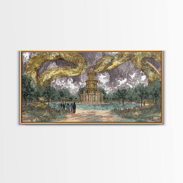 Golden Serpents Over Palace Gardens Wall Art, Surreal Botanical Landscape, Luxury Canvas Print For Elegant Home Decor Gift