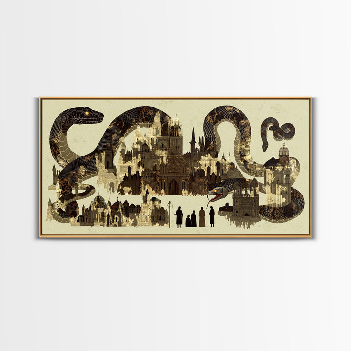 Sepia Serpent Cityscape Canvas Print, Historic Architecture Wall Art, Fantasy Snake Artwork For Study Room Decor Gift For Him