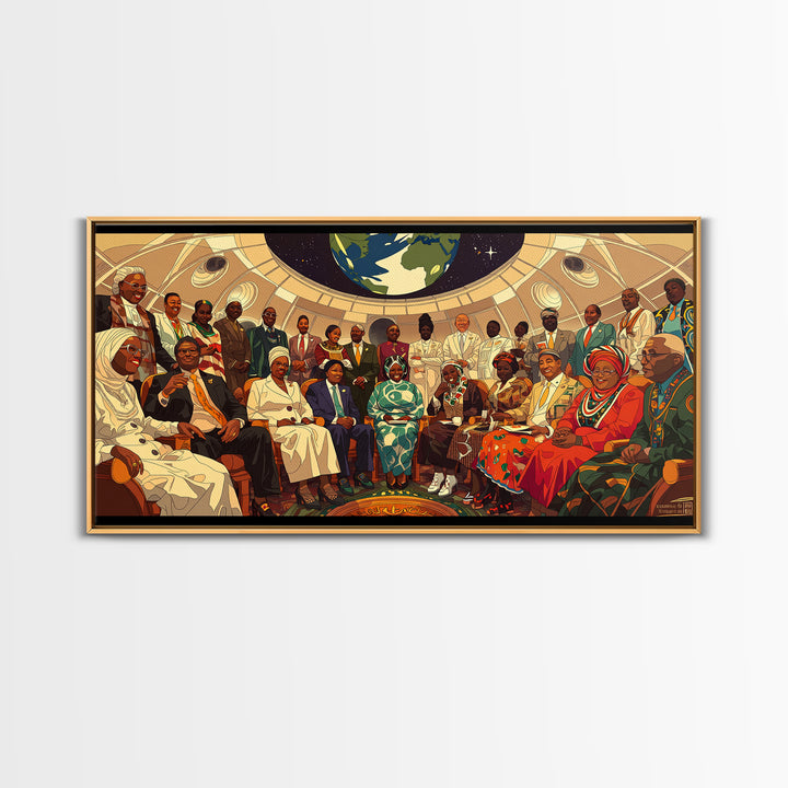 Afrofuturist Elders Council Framed Canvas Print, African American Art, Black Culture Art, Modern African Art, Home Decor