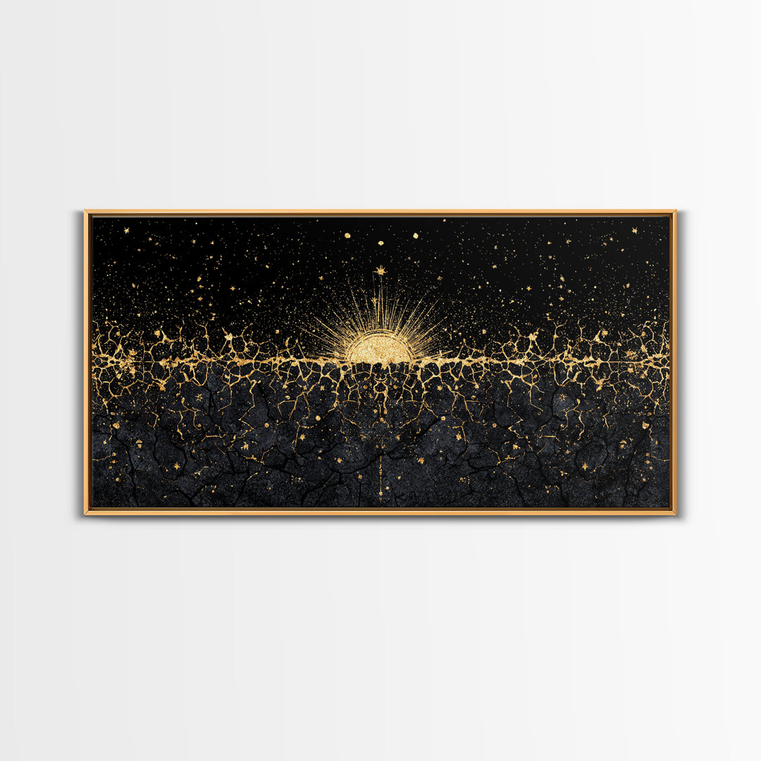 Golden Sunrise Over Ancestral Horizon Wall Art, Black And Gold Art, African Inspired, Spiritual Wall Art, Elegant Home Decor