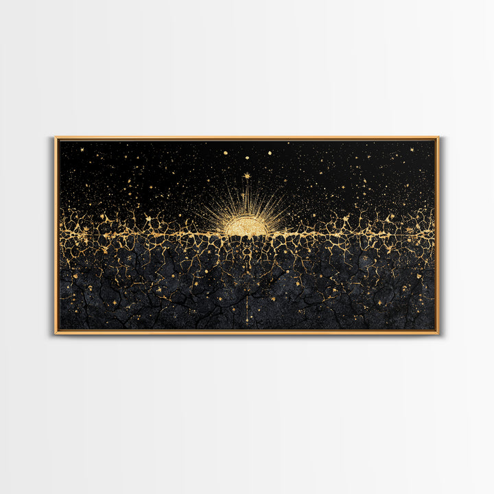 Golden Sunrise Over Ancestral Horizon Wall Art, Black And Gold Art, African Inspired, Spiritual Wall Art, Elegant Home Decor