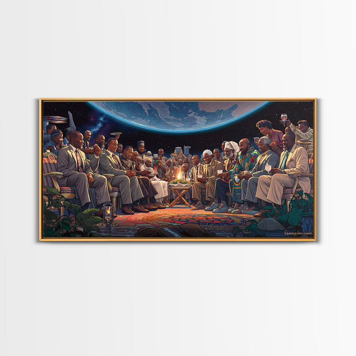 Moonlit Global Council By Fire Wall Art, African American Art, Afrocentric Decor, Black Culture Art, Unique Canvas Print Gift