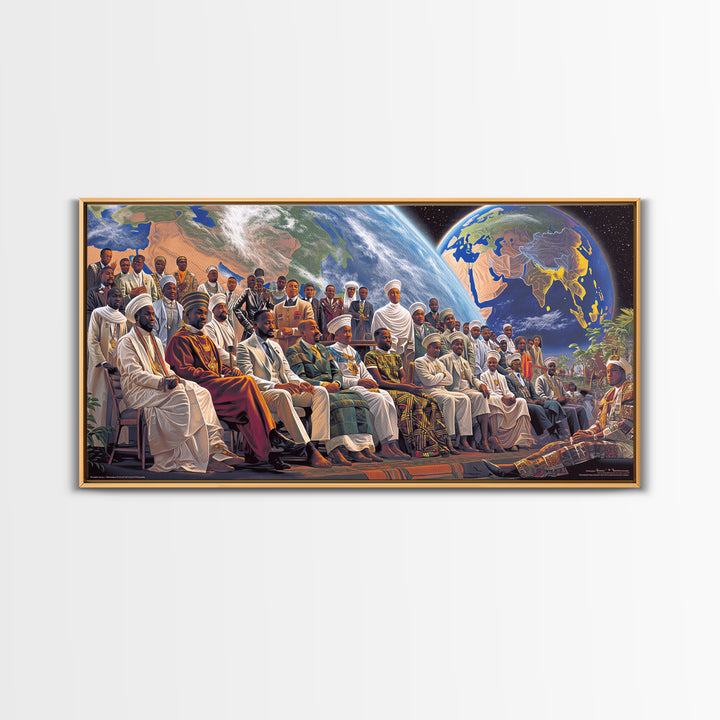 Pan African Assembly Beneath Planets Framed Canvas Print, African Wall Art, Black History Art, Afrocentric Cultural Home Decor