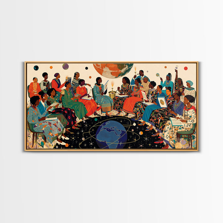 Cosmic African Women Circle With Planets Canvas Print, Black Women Art, Afrocentric Wall Art, Vibrant Cultural Home Decor