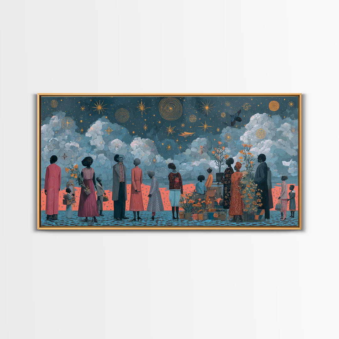 Starry Ancestral Gathering Beneath Clouded Sky Framed Canvas Print, African Wall Art, Spiritual Black Culture Decor Gift