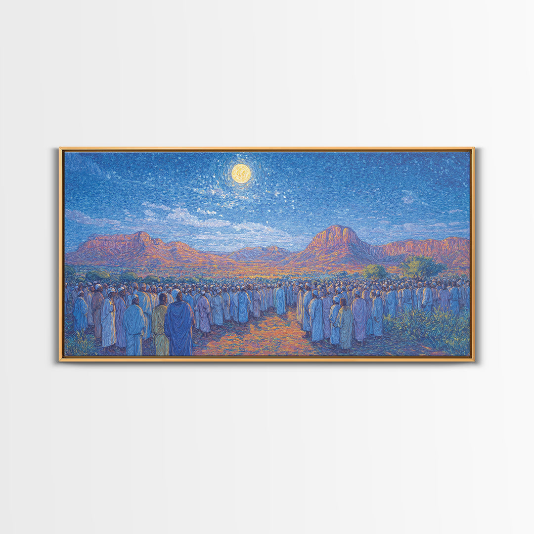 Moonlit African Desert Pilgrimage With Mountain Canvas Print, African Landscape, South African Art, Serene Living Room Decor
