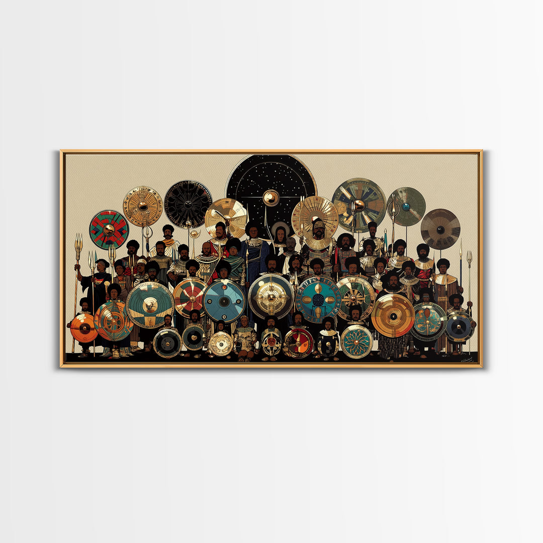 Regal African Shield Bearers With Tribal Parasols Framed Canvas Print, African Warrior Art, Black Culture Wall Decor Gift