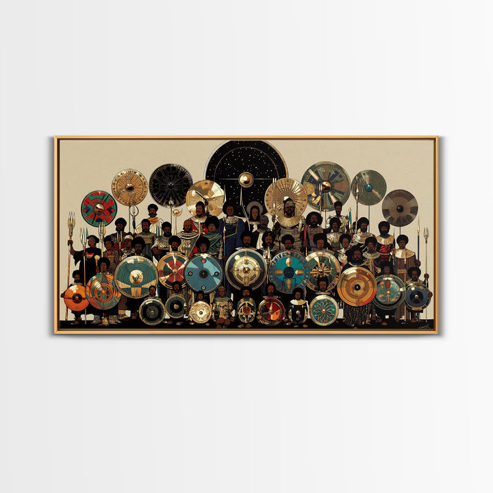Regal African Shield Bearers With Tribal Parasols Framed Canvas Print, African Warrior Art, Black Culture Wall Decor Gift