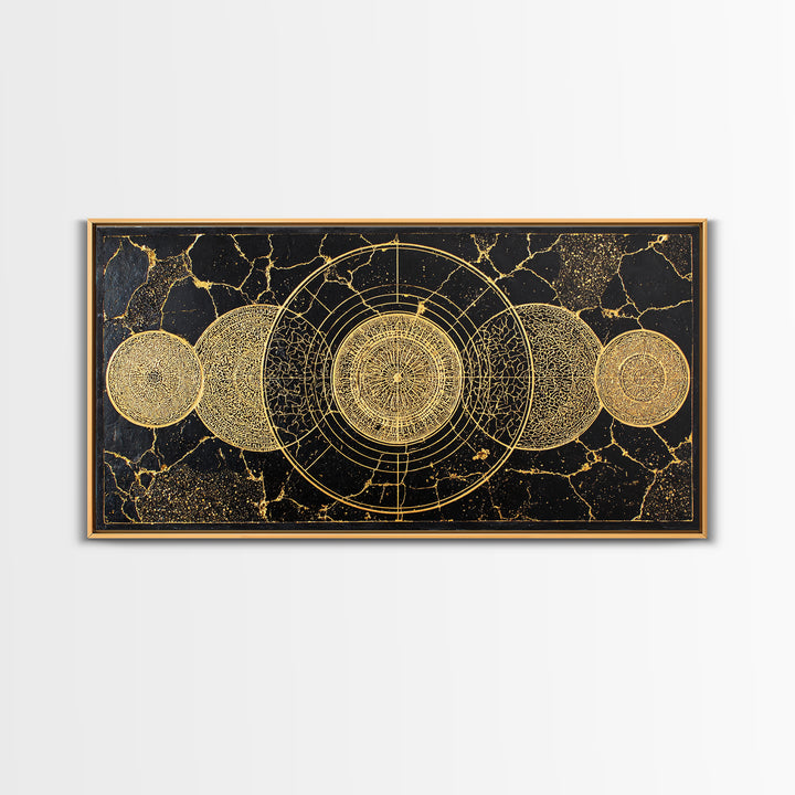 Golden Lunar Phases Celestial Geometry Wall Art, Black And Gold Abstract African Inspired Decor, Mystic Boho Canvas Print