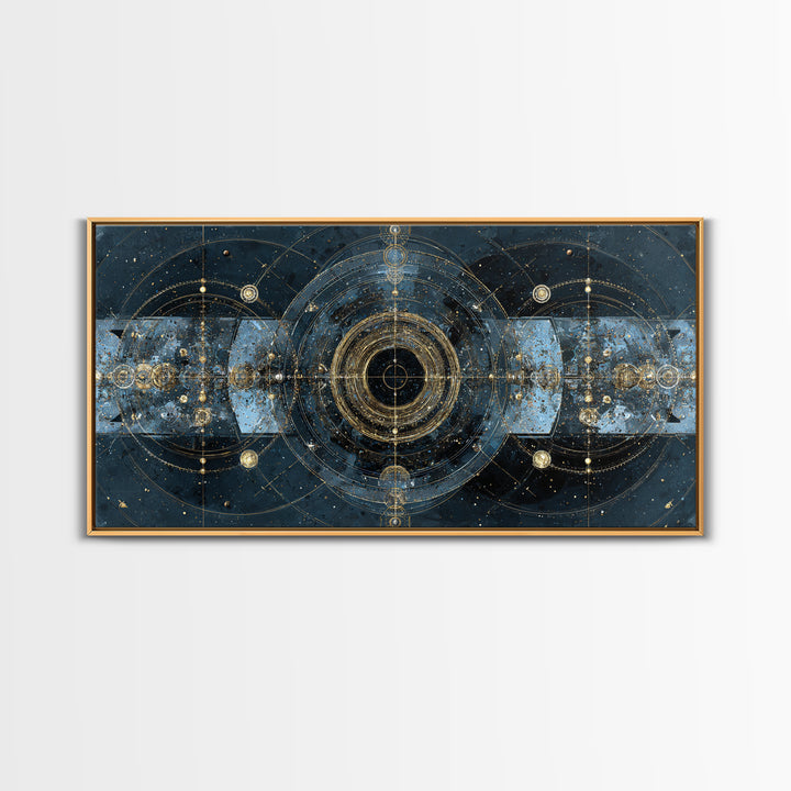 Blue Gold Cosmic Portal Canvas Print, Abstract Wall Art With Sacred Geometry, Modern Luxury Decor For Living Room And Office