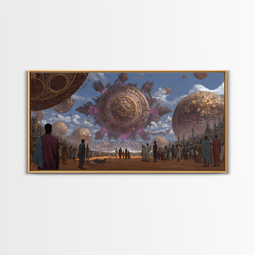 Afrofuturist Festival With Floating Golden Spheres Canvas Print, African Culture Wall Art, Futuristic City Decor Gift For Living Room