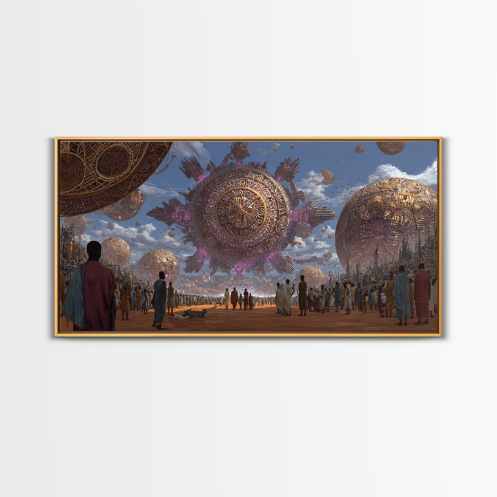 Afrofuturist Festival With Floating Golden Spheres Canvas Print, African Culture Wall Art, Futuristic City Decor Gift For Living Room