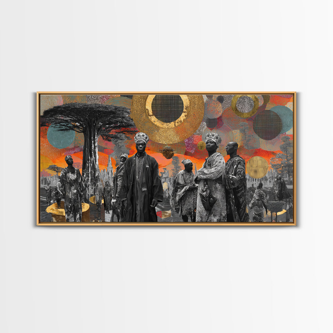 Royal African Figures Under Baobab Sun Wall Art, Afrocentric Black Culture Art, Gold Collage Canvas Print For Elegant Home Decor