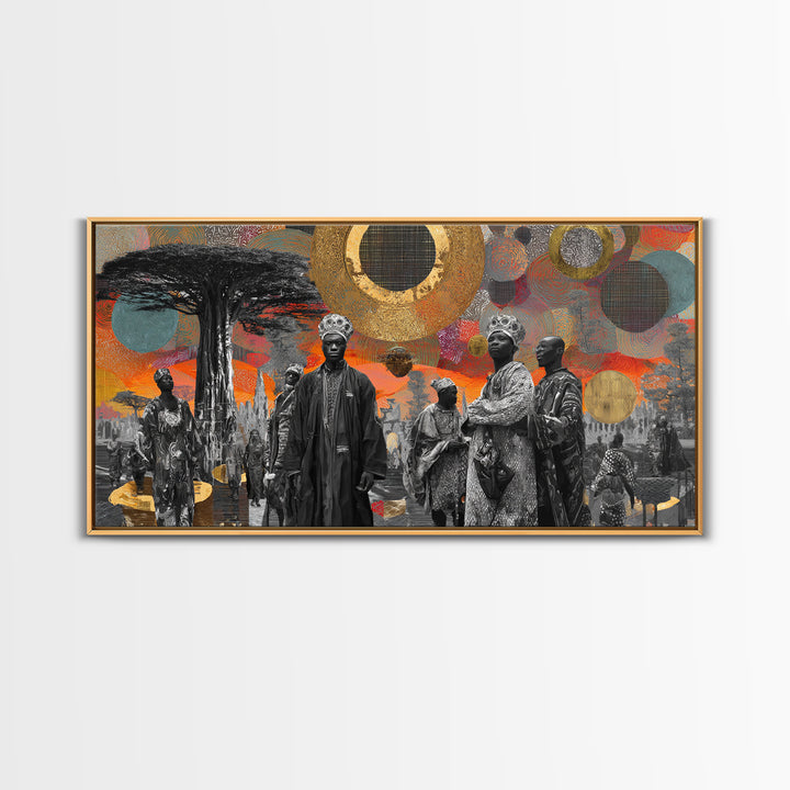 Royal African Figures Under Baobab Sun Wall Art, Afrocentric Black Culture Art, Gold Collage Canvas Print For Elegant Home Decor