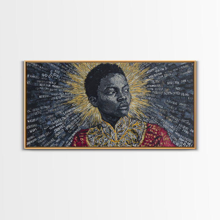 Young Black Boy Portrait With Golden Halo Framed Canvas Print, African American Art, Black History Decor, Empowerment Gift