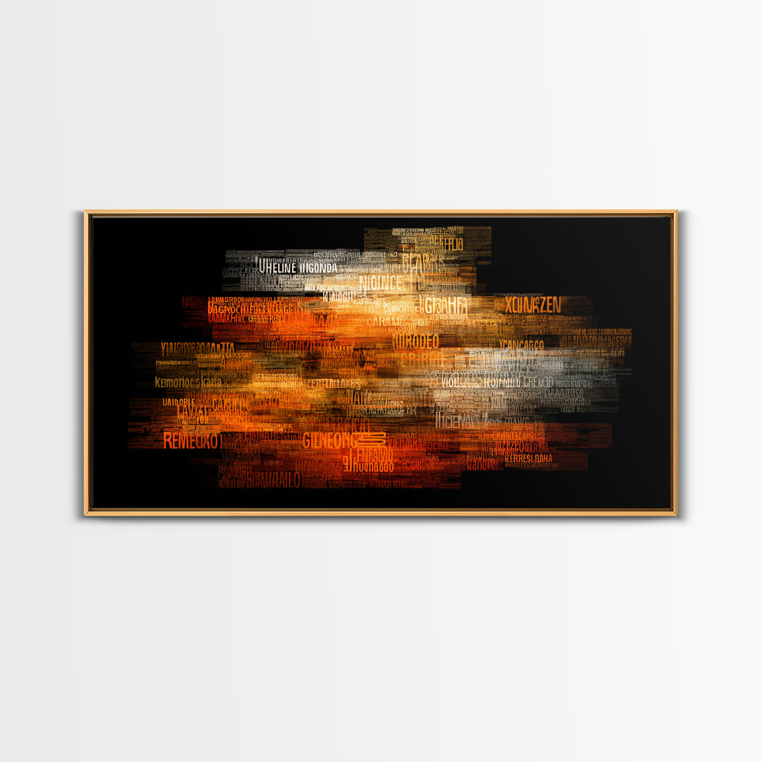 Orange Gold African Word Cloud Framed Canvas Print, Abstract African Art, Afrocentric Decor, Vibrant Statement Wall Decor