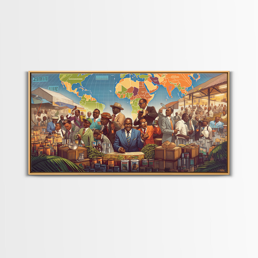 African Market Trade Scene Canvas Print, Pan African Map Wall Decor, Black History Art, Cultural Office Decor Gift For Him
