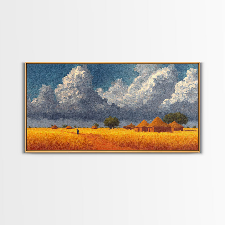 Golden Savanna Village With Storm Clouds Framed Canvas Print, African Landscape, Safari Art, Rustic Home Decor, Africa Painting
