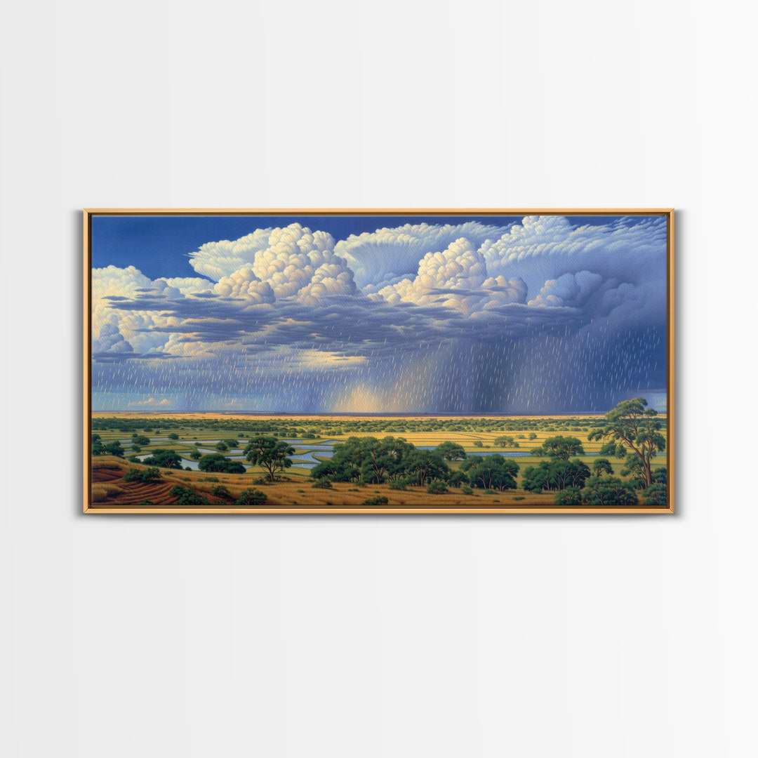 Blue Rain Clouds Over Green Savanna Wall Art, African Safari Art, Serengeti Wall Art, Nature Scene Art, Large Decor Art Gift