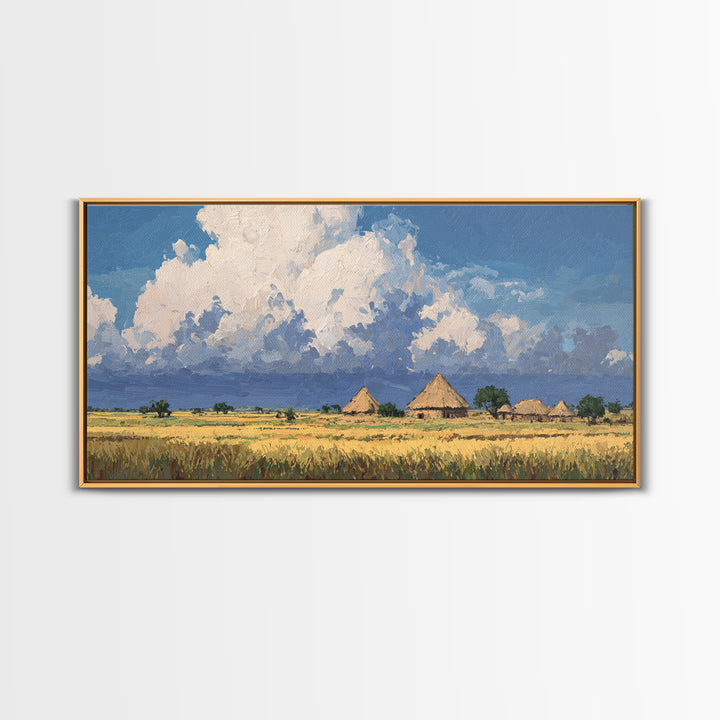 Thatched Village Under White Clouds Canvas Print, African Landscape, Rustic Decor, Cultural Wall Decor, Living Room Art Gift