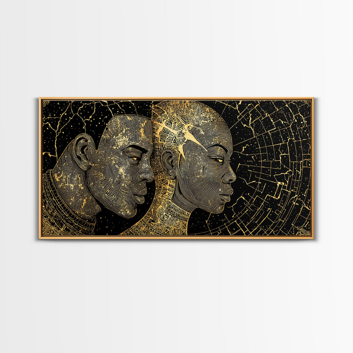 Golden African Profiles With Celestial Patterns Canvas Print, Afrocentric Portrait Wall Art, Black Culture Decor, Unique Gift