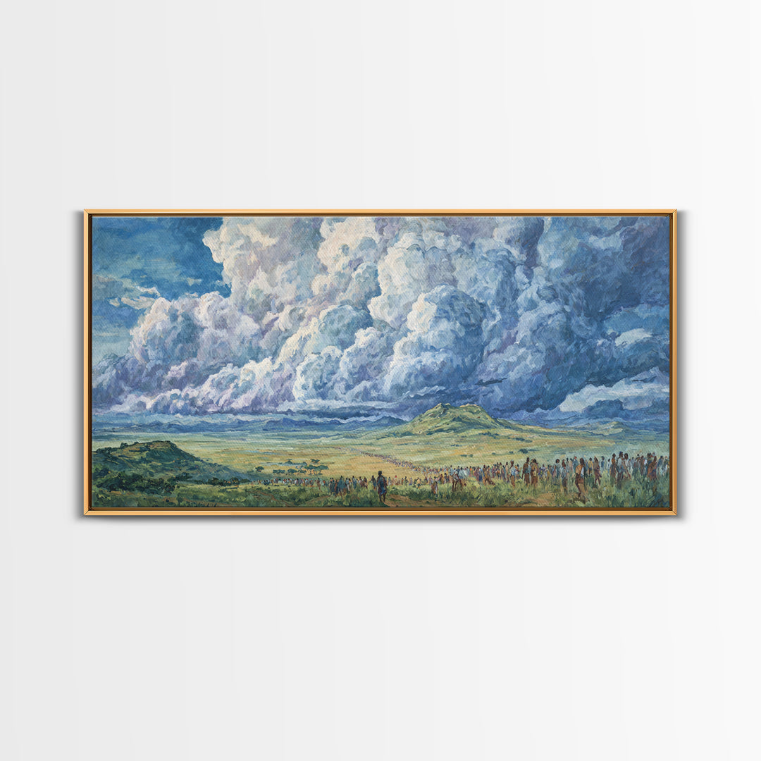 Vast African Plains Under Towering Blue Storm Clouds Canvas Print, Panoramic Wall Art, Cultural Landscape, Office Decor Art