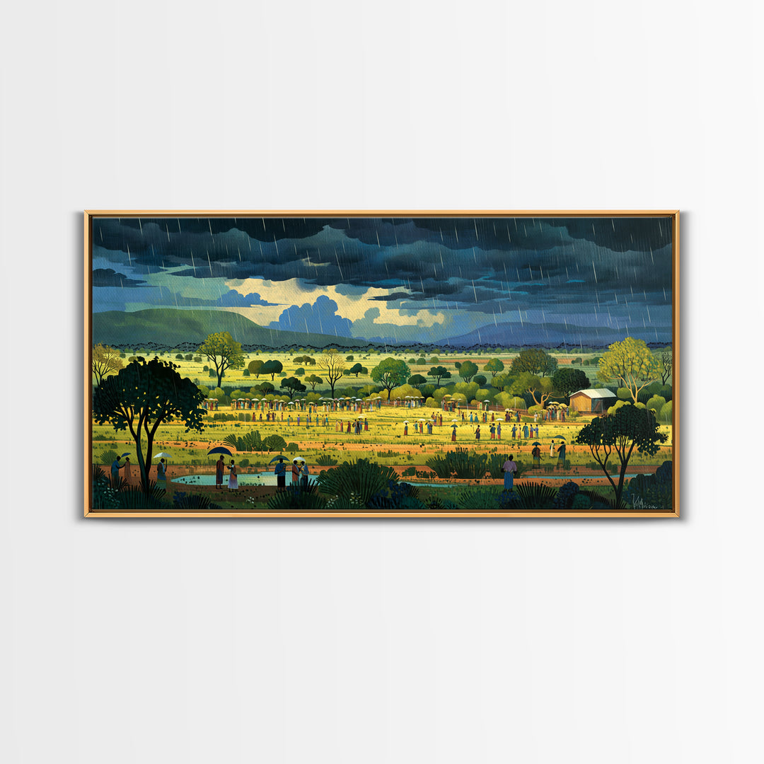 Rainy African Village Fields With Dark Monsoon Sky Wall Art, Motherland Landscape, Cultural Home Decor, Framed Canvas Print