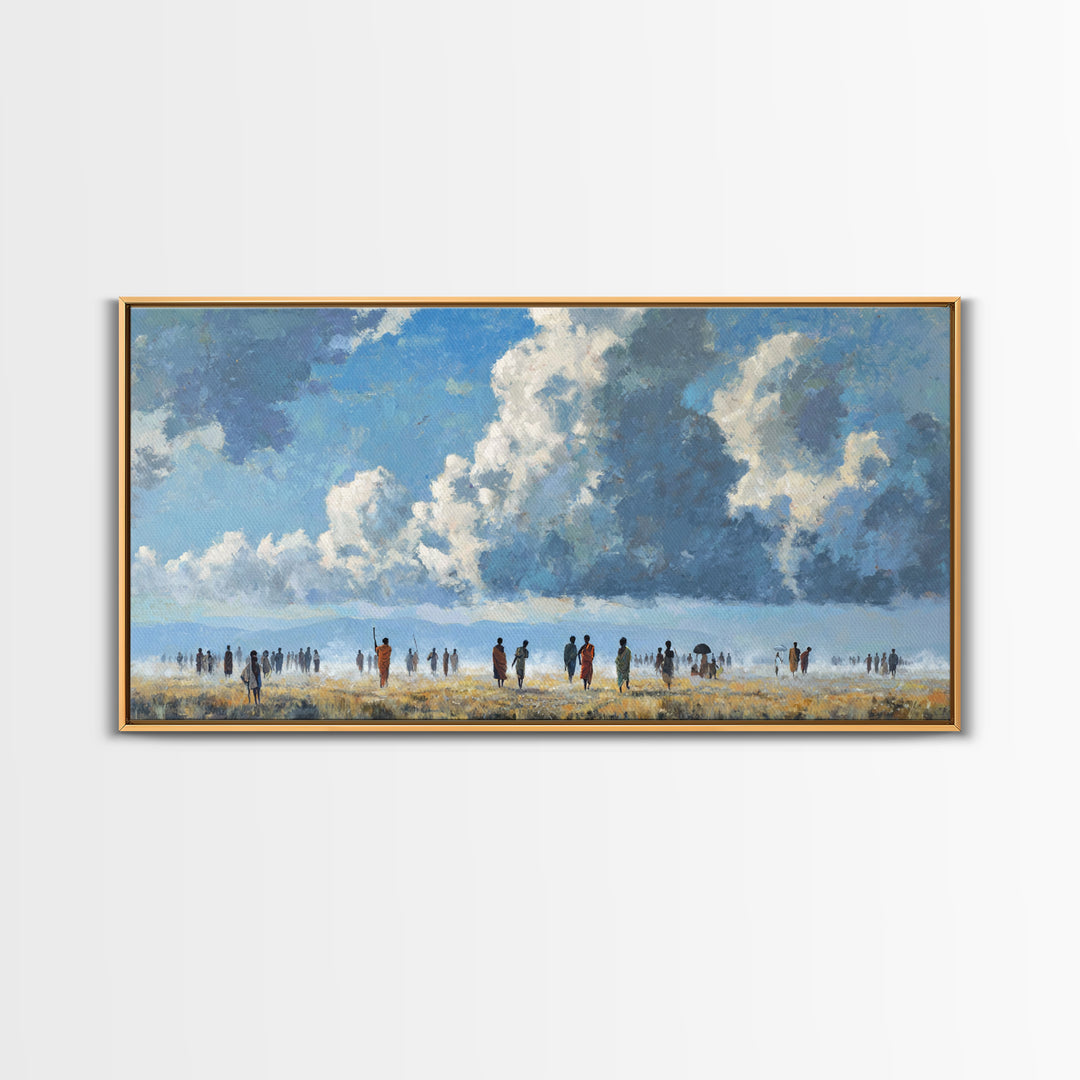 Open African Horizon With Walking Figures And Soft Clouds Wall Art, Minimalist Landscape, Blue Sky Decor, Canvas Print, Gift