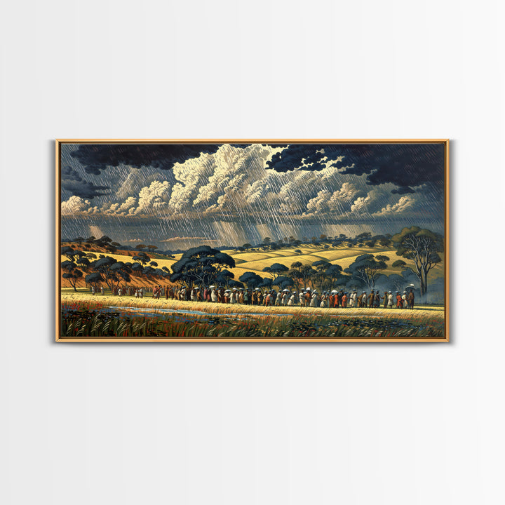 African Procession Through Sunlit Rainy Savanna Framed Canvas Print, Dramatic Storm Wall Art, Cultural Decor, Safari Gift