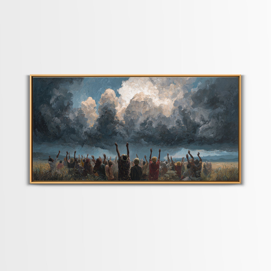 Joyful African Crowd Under Dramatic Storm Clouds Wall Art, Black Culture Celebration, Spiritual Decor, Panoramic Canvas Print
