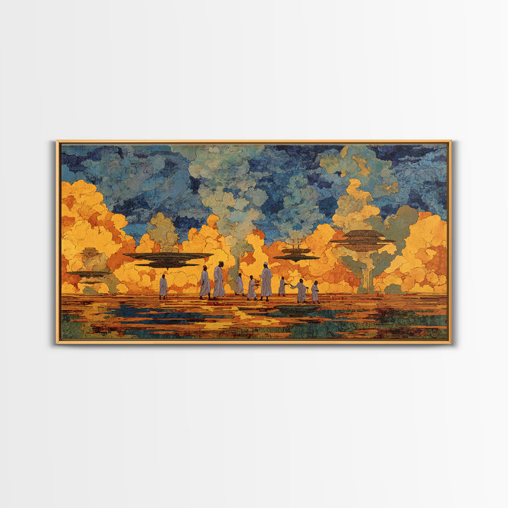 Golden African Village Scene Wall Art, Modern African Art Print, Cultural Landscape, Warm Earth Tone Living Room Decor Gift