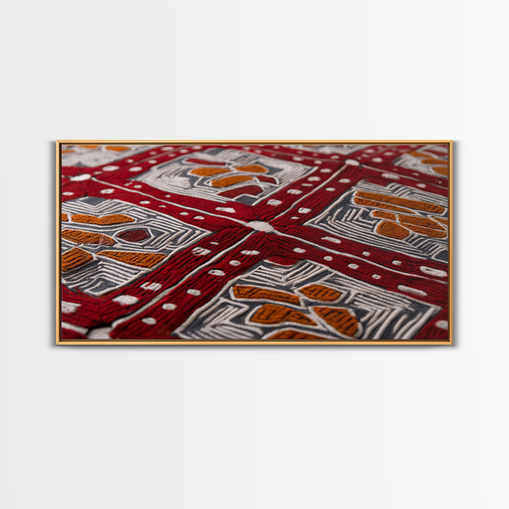 Red African Embroidered Textile Framed Canvas Print, Ankara Fabric Wall Decor, Tribal Pattern Art, Bold Cultural Home Decor