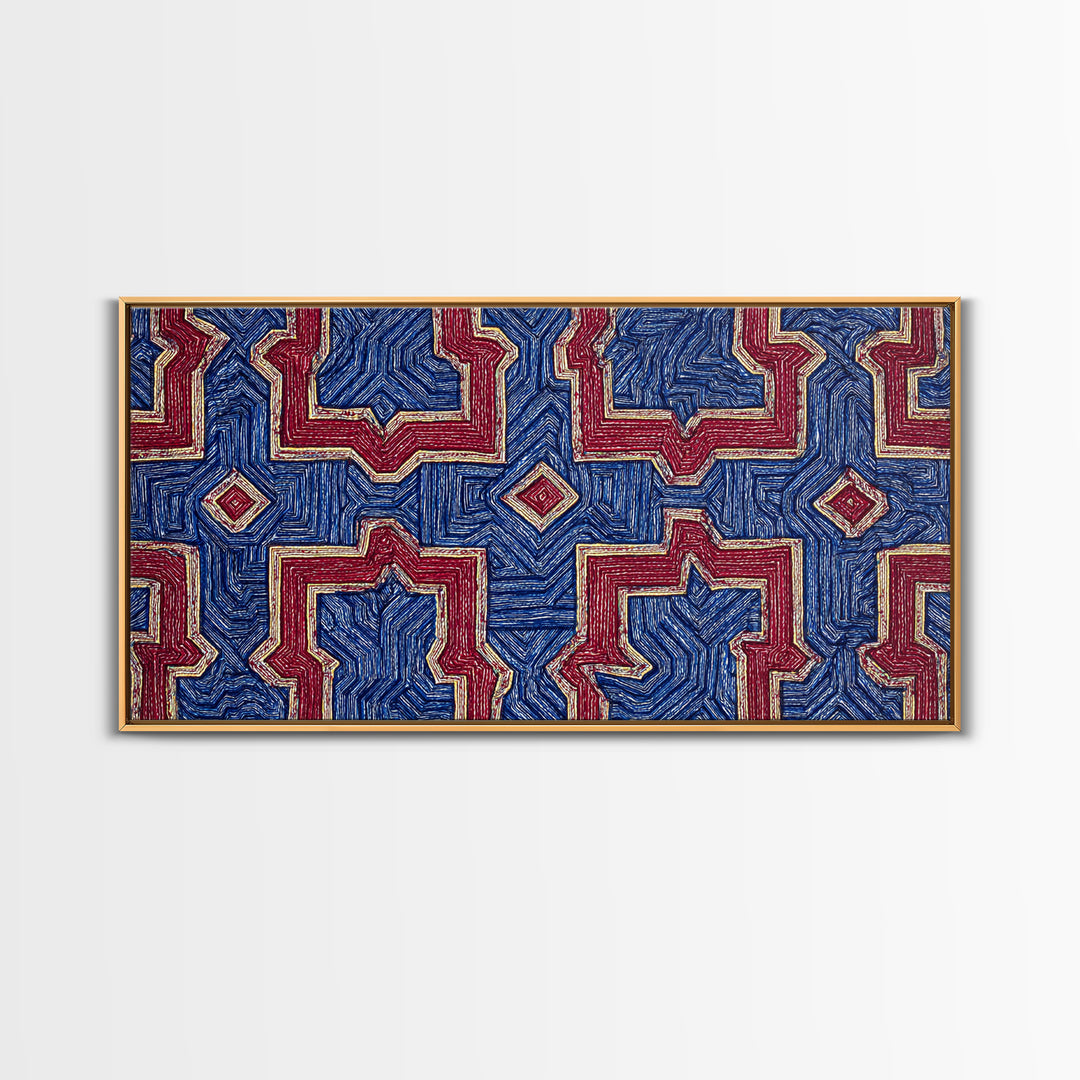 Red Blue Kuba Geometric Textile Pattern Wall Art, African Fabric Print, Tribal Decor, Modern African Art For Living Room