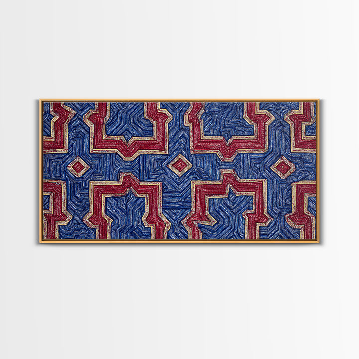 Red Blue Kuba Geometric Textile Pattern Wall Art, African Fabric Print, Tribal Decor, Modern African Art For Living Room