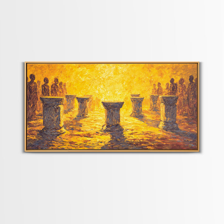 Golden Drum Ceremony Silhouette Wall Art, African Celebration Painting, Cultural Art Print, Warm Sunset Housewarming Gift