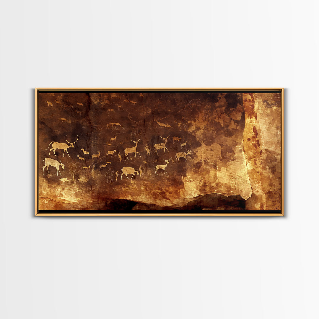 Ancient Cave Animal Herd Rock Painting Canvas Print, African Safari Art, Earth Tone Wall Decor, Tribal Culture Artwork Gift