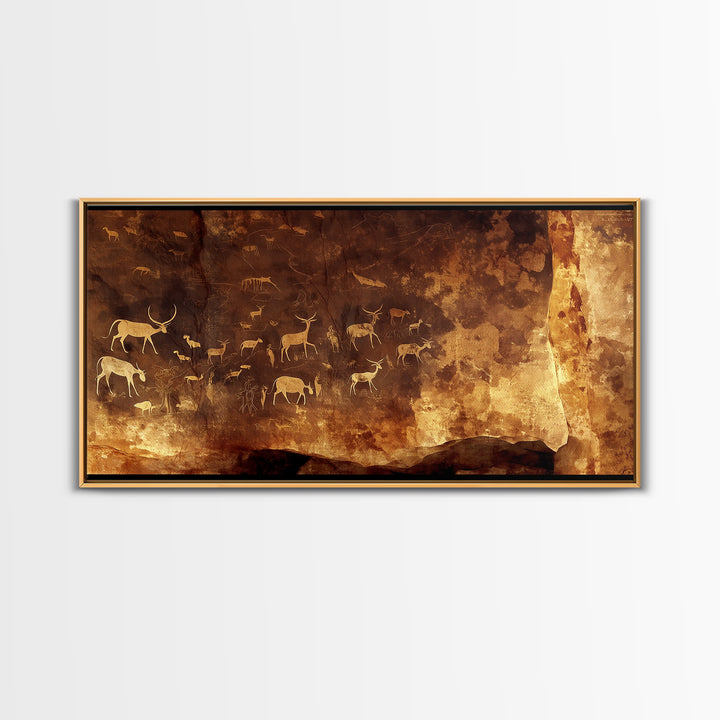 Ancient Cave Animal Herd Rock Painting Canvas Print, African Safari Art, Earth Tone Wall Decor, Tribal Culture Artwork Gift