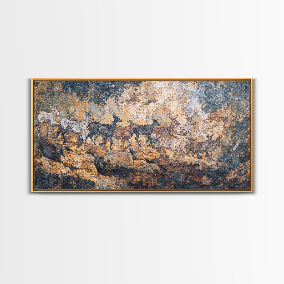 Blue Ochre Prehistoric Animal Herd Wall Art, African Rock Painting, Safari Decor, Earth Tone Tribal Art Print For Home Decor