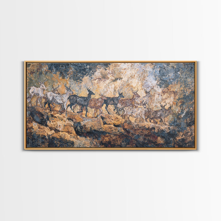 Blue Ochre Prehistoric Animal Herd Wall Art, African Rock Painting, Safari Decor, Earth Tone Tribal Art Print For Home Decor