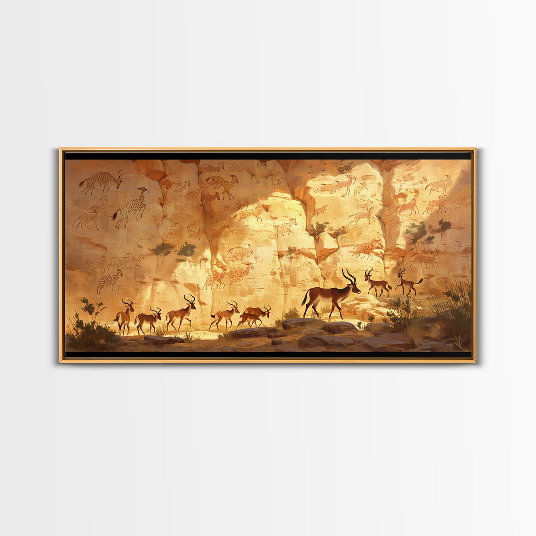 Desert Antelope Rock Art Framed Canvas Print, African Landscape, Safari Wall Decor, Ancient Cave Painting For Living Room