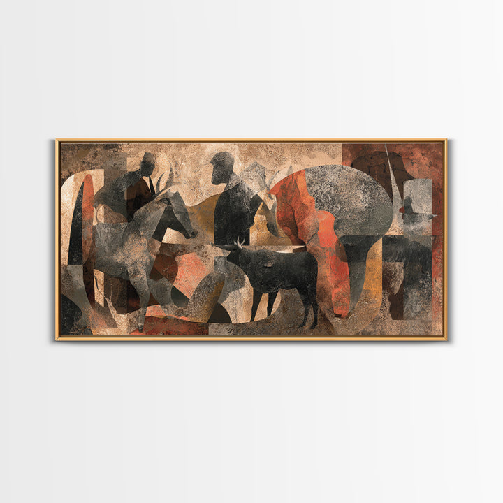Abstract African Herdsmen And Cattle Wall Art, Modern Cubism, Tribal Decor, Earth Tone Canvas Print For Stylish Home Decor